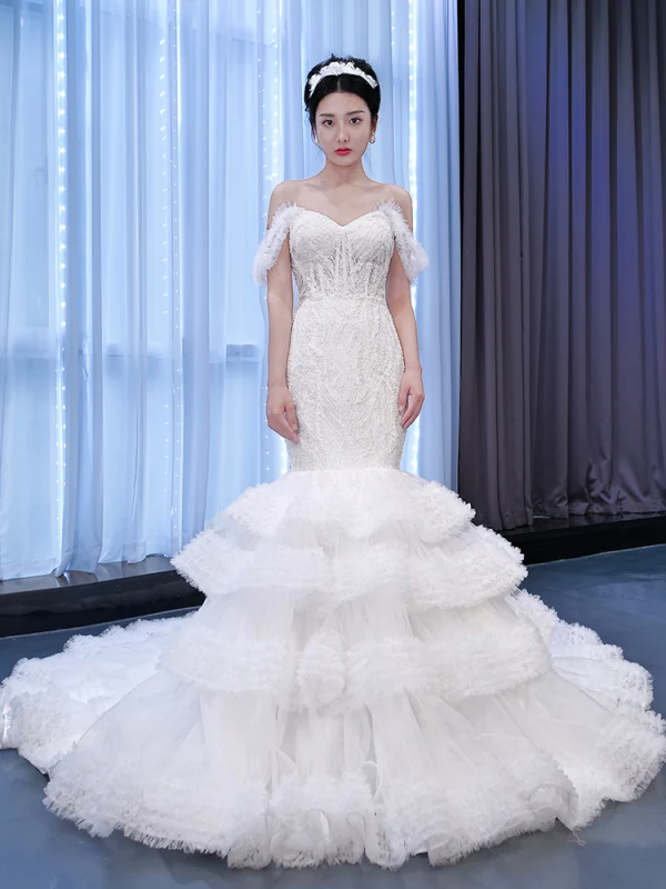 High End Weiß Perlenstickerei Spitze Blumen Brautkleider / Hochzeitskleider 2021 Meerjungfrau Bandeau Ärmellos Rückenfreies Hof-Schleppe Hochzeit