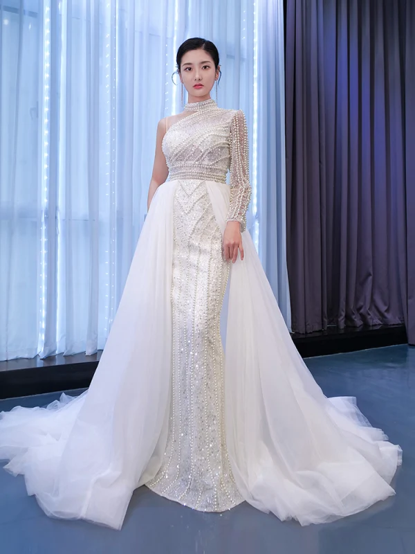 High End Glitzernden Weiß Brautkleider / Hochzeitskleider 2021 Meerjungfrau Perlenstickerei Stehkragen Perle Pailletten Lange Ärmel Rückenfreies Hof-Schleppe Hochzeit