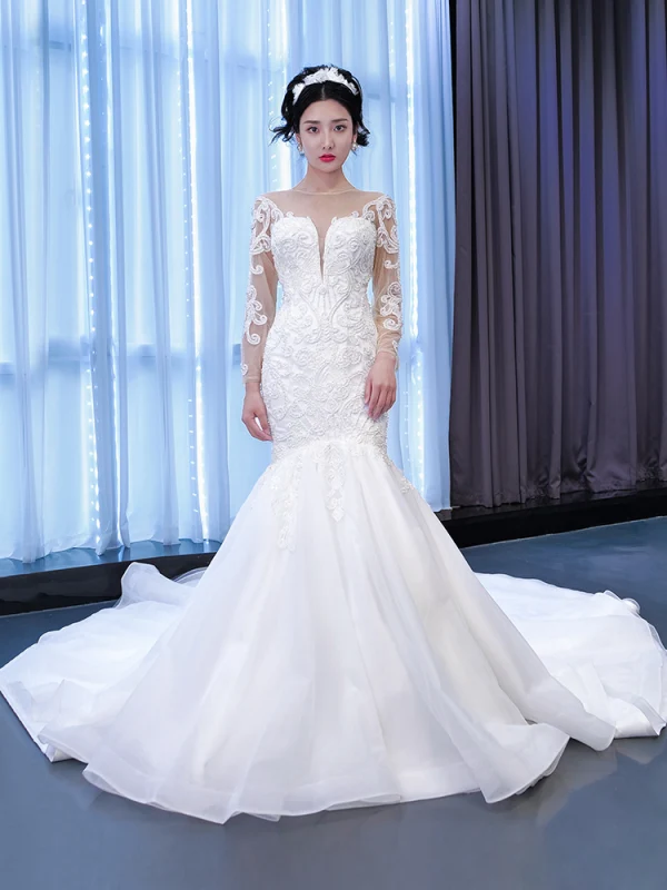 High-end White Beading Sequins Wedding Dresses 2021 Trumpet / Mermaid Scoop Neck Long Sleeve Cathedral Train Wedding
