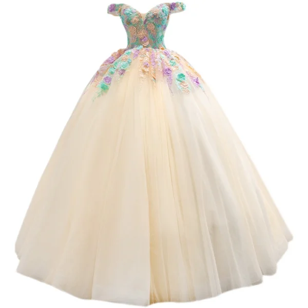 Flower Fairy Chic / Beautiful Champagne Pearl Lace Flower Prom Dresses 2021 Ball Gown Off-The-Shoulder Sleeveless Backless Floor-Length / Long Formal Dresses