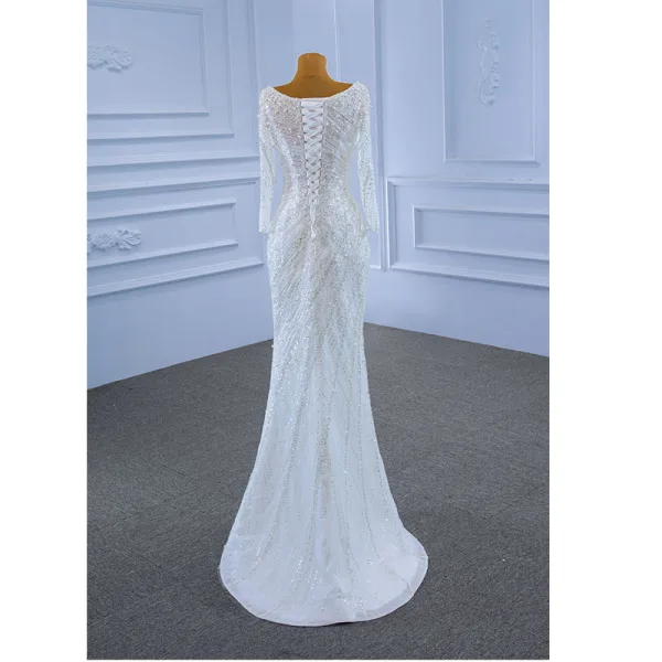 Scintillantes Haut de Gamme Blanche Perlage Perle Paillettes Robe De Mariée 2021 Trompette / Sirène U-Cou Manches Longues Dos Nu Longue Mariage