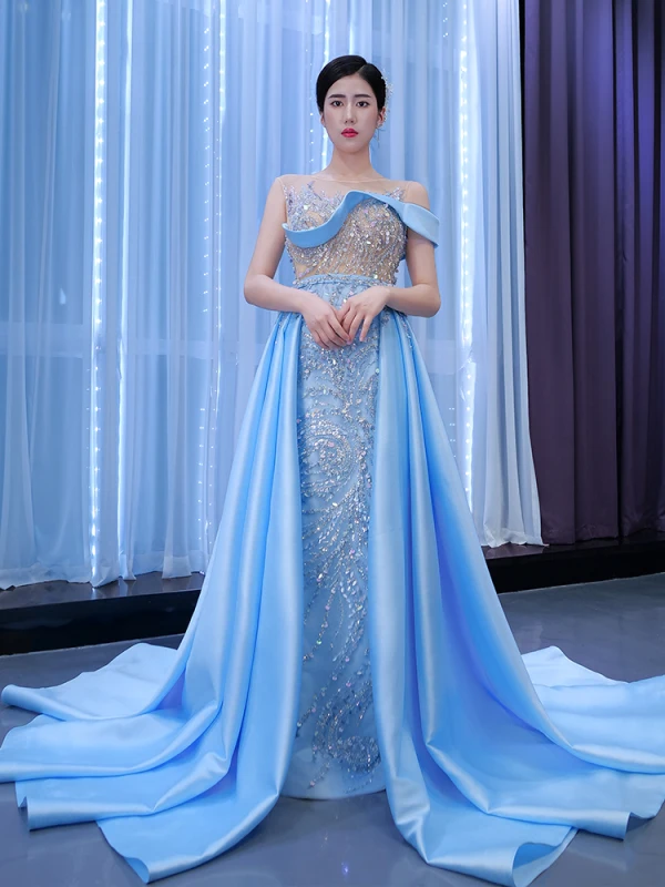 High-end Pool Blue Beading Pearl Sequins Prom Dresses 2021 Trumpet / Mermaid Scoop Neck Sleeveless Backless Chapel Train Formal Dresses