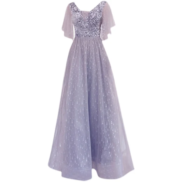 Sparkly Grey Beading Sequins Prom Dresses 2021 A-Line / Princess V-Neck 1/2 Sleeves Backless Floor-Length / Long Formal Dresses