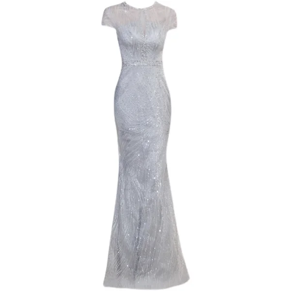 Charming Silver Grey Beading Evening Dresses 2021 Trumpet / Mermaid Scoop Neck Pearl Sequins Short Sleeve Floor-Length / Long Formal Dresses