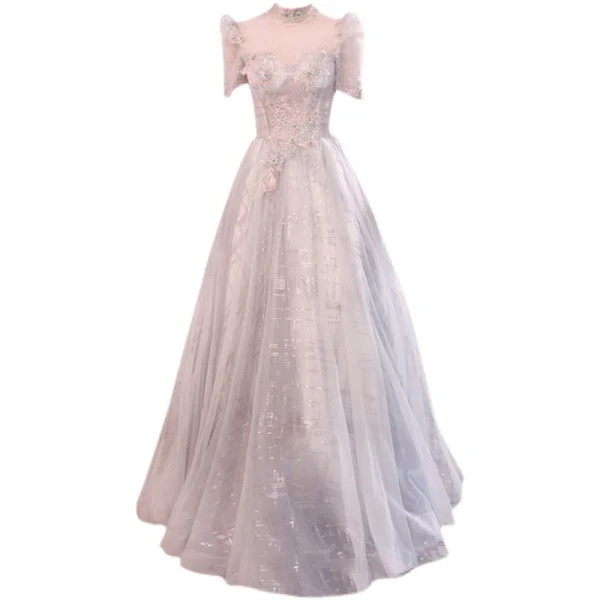 Chic / Belle Argenté En Dentelle Fleur Robe De Bal 2021 Princesse Col Haut Perlage Perle Faux Diamant Paillettes Manches Courtes Dos Nu Longue Robe De Ceremonie