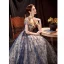 Charmant Bling Bling Océan Bleu Robe De Bal 2021 Princesse Encolure Dégagée Perlage Paillettes En Dentelle Fleur Manches Courtes Dos Nu Longue Robe De Ceremonie