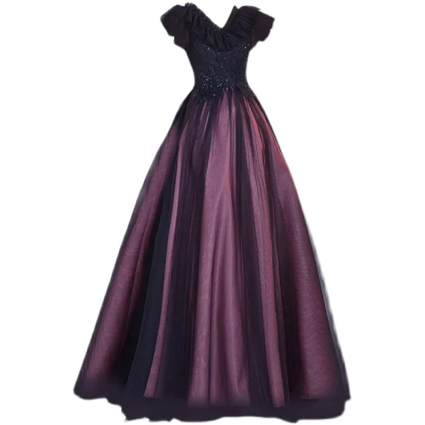 Vintage / Originale Violet Perlage Paillettes En Dentelle Fleur Robe De Bal 2021 Princesse V-Cou Manches Courtes Dos Nu Longue Robe De Ceremonie