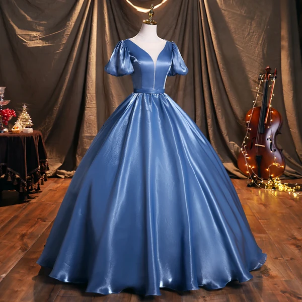 Chic / Beautiful Ocean Blue Satin Prom Dresses 2021 Scoop Neck Puffy Short Sleeve Backless Floor-Length / Long Formal Dresses