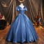 Chic / Beautiful Ocean Blue Satin Prom Dresses 2021 Scoop Neck Puffy Short Sleeve Backless Floor-Length / Long Formal Dresses
