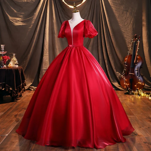 Ethnic Red Satin Prom Dresses 2021 Ball Gown Scoop Neck Short Sleeve Backless Sash Floor-Length / Long Formal Dresses