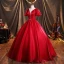 Ethnic Red Satin Prom Dresses 2021 Ball Gown Scoop Neck Short Sleeve Backless Sash Floor-Length / Long Formal Dresses