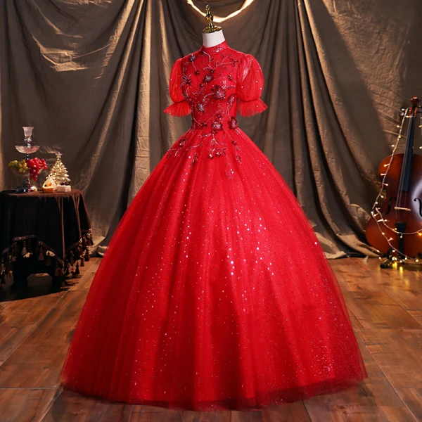 Scintillantes Rouge Robe De Bal Princesse 2021 Col Haut Perlage Étoile Paillettes Manches de cloche Dos Nu Longue Robe De Ceremonie