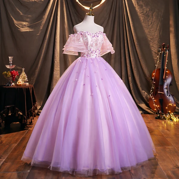 Flower Fairy Lavender Prom Dresses 2021 Ball Gown Off-The-Shoulder Sequins Lace Flower Appliques Backless Bell sleeves Floor-Length / Long Formal Dresses
