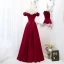 Elegant Burgundy Satin Prom Dresses 2021 A-Line / Princess Ruffle Off-The-Shoulder Short Sleeve Backless Floor-Length / Long Formal Dresses