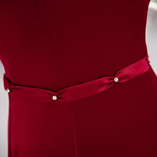 Chic / Beautiful Burgundy Satin Cheongsam / Qipao Evening Dresses 2021 A-Line / Princess High Neck Backless Rhinestone Sash Short Sleeve Floor-Length / Long Evening Party