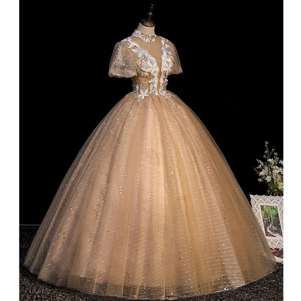 Charmant Champagne Robe De Bal 2021 Robe Boule Col Haut Paillettes En Dentelle Fleur Manches Courtes Dos Nu Longue Robe De Ceremonie