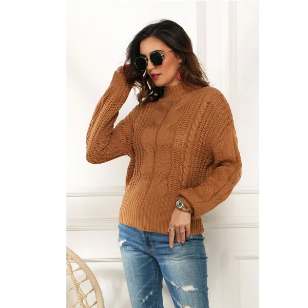 Fall Winter Street Wear Brown Knitting Sweaters 2021 Cotton High Neck Long Sleeve Loose Women Tops