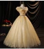 Charming Champagne Prom Dresses 2021 Ball Gown V-Neck Appliques Pearl Sequins Lace Flower Sleeveless Backless Floor-Length / Long Formal Dresses