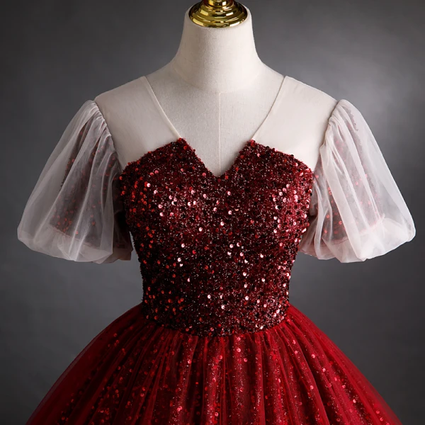 Sparkly Burgundy Sequins Prom Dresses 2021 Ball Gown V-Neck Beading Short Sleeve Backless Floor-Length / Long Formal Dresses