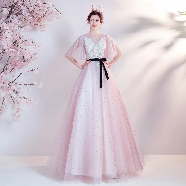 Chic / Belle Rougissant Rose Robe De Bal 2021 Princesse Encolure Dégagée Perlage Perle Faux Diamant En Dentelle Fleur Manches Courtes Dos Nu Noeud Ceinture Longue Robe De Ceremonie