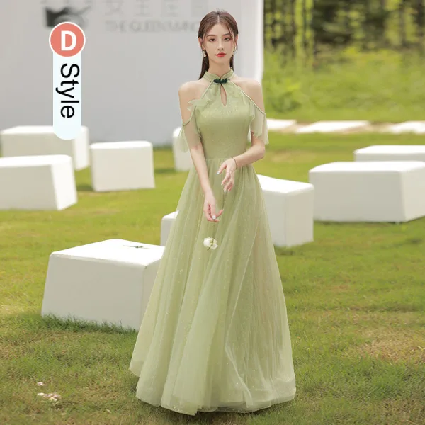 Simple Vert Cendré Robe Demoiselle D'honneur 2021 Princesse Paillettes Manches Courtes Dos Nu Longue Robe Demoiselle D'honneur