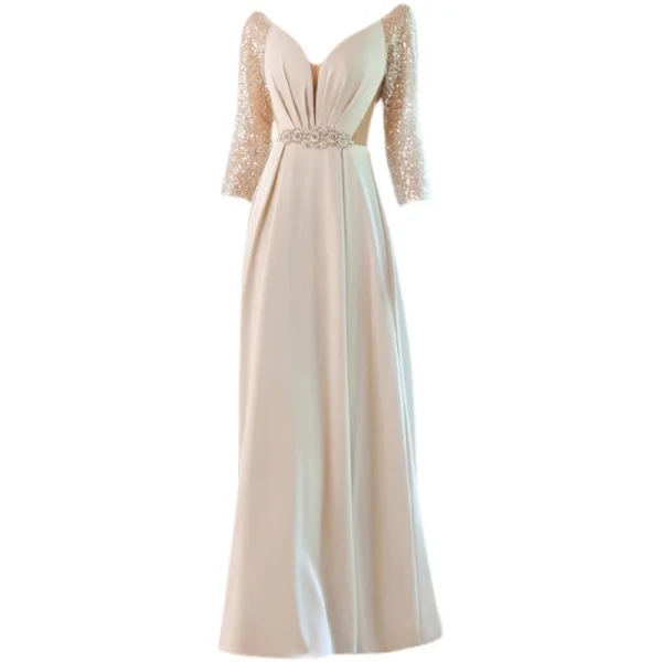 Charming Beige Beading Sequins Prom Dresses 2021 A-Line / Princess V-Neck Pearl Rhinestone Sash 3/4 Sleeve Backless Floor-Length / Long Prom Formal Dresses