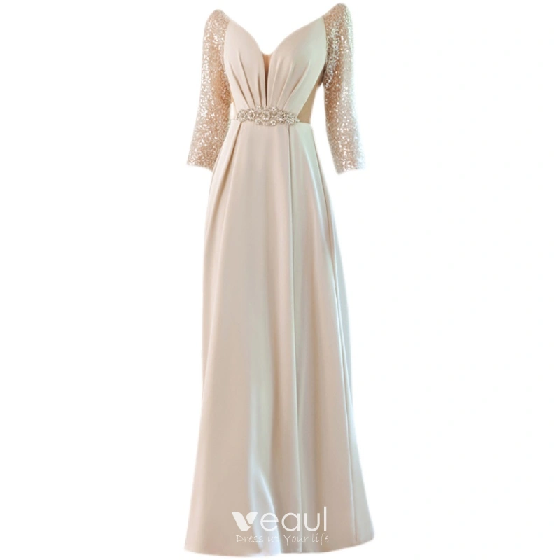 Charming Beige Beading Sequins Prom Dresses 2021 A-Line / Princess V-Neck Pearl Rhinestone Sash 3/4 Sleeve Backless Floor-Length / Long Prom Formal