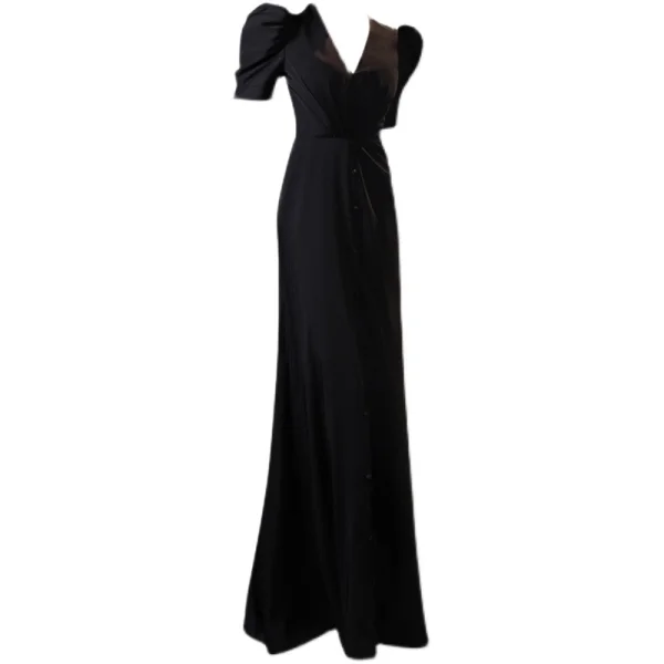 Sexy Black Split Front Evening Dresses 2021 Trumpet / Mermaid V-Neck Satin Short Sleeve Evening Party Floor-Length / Long Formal Dresses