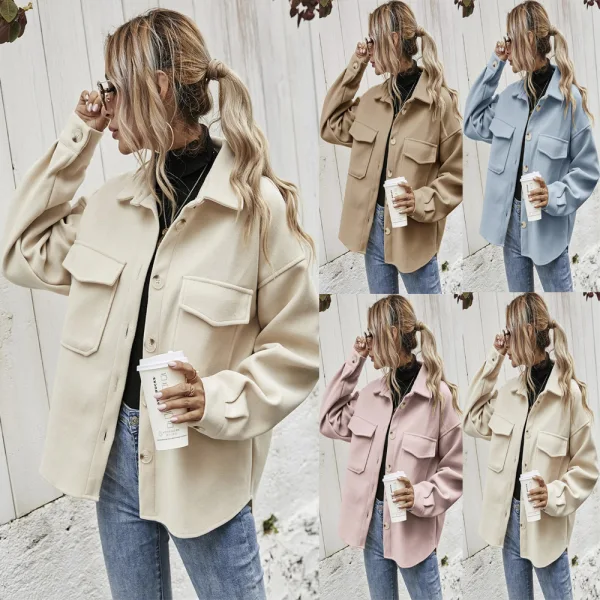 Mode Kaki Tomber Hiver Vêtement de rue Manteaux & Vestes 2021 Revers Manches Longues Ample Femme Hauts