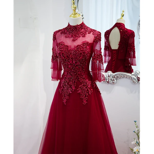 Elegant Burgundy Prom Dresses 2021 A-Line / Princess High Neck Beading Rhinestone Lace Flower 3/4 Sleeve Backless Floor-Length / Long Formal Dresses
