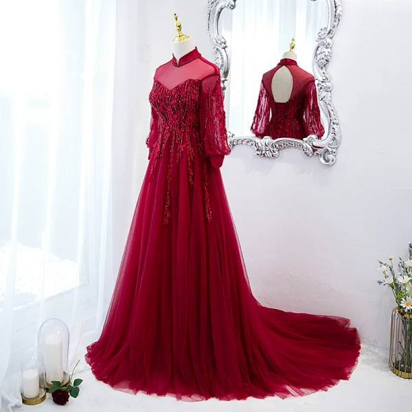 Chic / Belle Bordeaux Robe De Bal 2021 Princesse Col Haut Perlage Faux Diamant Paillettes 3/4 Manches Dos Nu Train De Balayage Promo Robe De Ceremonie