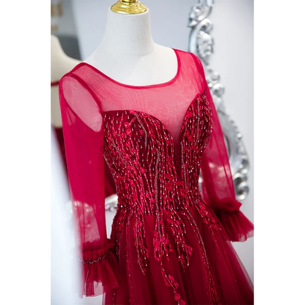Chic / Belle Bordeaux Robe De Bal 2021 Princesse U-Cou Perlage En Dentelle Fleur Manches Longues Dos Nu Longue Promo Robe De Ceremonie
