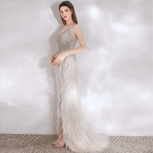 Scintillantes Sexy Argenté Perlage Paillettes Plumes Robe De Soirée 2021 Trompette / Sirène Bretelles Spaghetti Sans Manches Dos Nu Longue Soirée Robe De Ceremonie