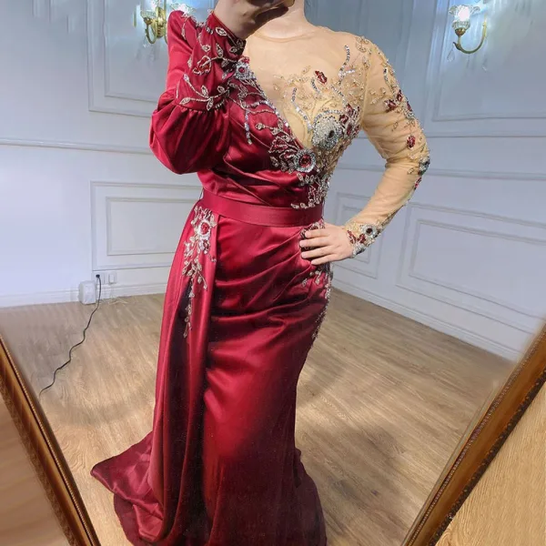 High-end Burgundy Handmade  Beading Pearl Rhinestone Evening Dresses 2021 Trumpet / Mermaid Scoop Neck Satin Long Sleeve Sweep Train Evening Party Formal Dresses