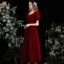 Chic / Beautiful Burgundy Suede Homecoming Graduation Dresses 2021 A-Line / Princess Pearl Square Neckline Puffy Short Sleeve Backless Bow Tea-length Formal Dresses