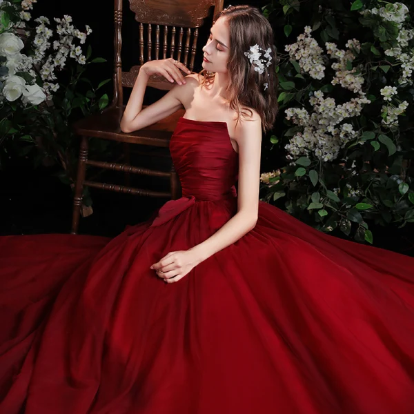 Chic / Belle Bordeaux Robe De Bal 2021 Princesse Bustier Noeud Sans Manches Longue Promo Robe De Ceremonie