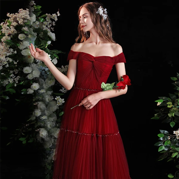 Charming Burgundy Pleated Prom Dresses 2021 A-Line / Princess Off-The-Shoulder Sleeveless Backless Split Front Floor-Length / Long Formal Dresses