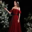 Charming Burgundy Glitter Prom Dresses 2021 A-Line / Princess Off-The-Shoulder Puffy Short Sleeve Sash Floor-Length / Long Prom Formal Dresses