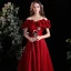 Elegant Burgundy Prom Dresses 2021 A-Line / Princess Backless Ruffle Floor-Length / Long Satin Off-The-Shoulder Prom Short Sleeve Formal Dresses