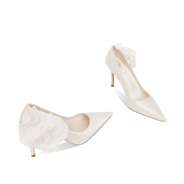 Eleganta Elfenben Pärla Blomma Satin Brudskor 2021 8 cm Stilettklackar Spetsiga Pumps Högklackade