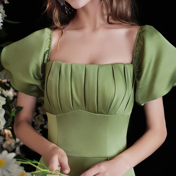 Chic / Beautiful Sage Green Satin Prom Dresses 2021 A-Line / Princess Off-The-Shoulder Puffy Short Sleeve Backless Floor-Length / Long Formal Dresses