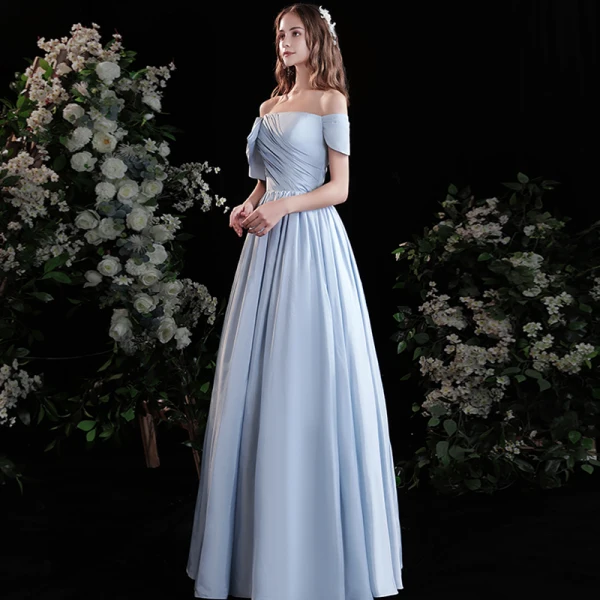 Chic / Beautiful Sky Blue Satin Prom Dresses 2021 A-Line / Princess Off-The-Shoulder Short Sleeve Backless Floor-Length / Long Prom Formal Dresses
