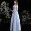 Chic / Beautiful Sky Blue Satin Prom Dresses 2021 A-Line / Princess Off-The-Shoulder Short Sleeve Backless Floor-Length / Long Prom Formal Dresses