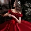 Chic / Beautiful Burgundy Satin Prom Dresses 2021 A-Line / Princess Ruffle Off-The-Shoulder Short Sleeve Backless Floor-Length / Long Formal Dresses