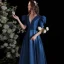 Vintage / Retro Royal Blue Satin Prom Dresses 2021 A-Line / Princess V-Neck Puffy Short Sleeve Backless Floor-Length / Long Prom Formal Dresses