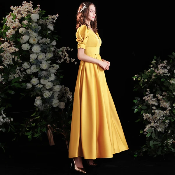 Vintage / Retro Yellow Satin Prom Dresses 2021 A-Line / Princess V-Neck Puffy Short Sleeve Backless Floor-Length / Long Formal Dresses