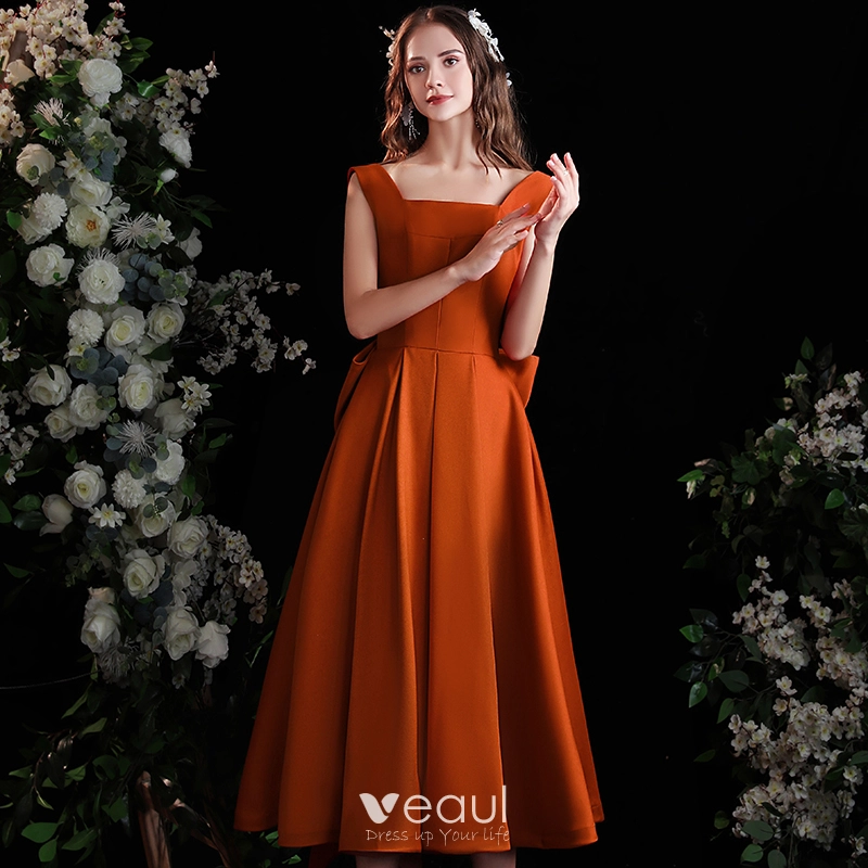 Fashion Orange Homecoming Satin Graduation Dresses 2021 A-Line / Princess Square Neckline Sleeveless Backless Bow Tea-length Formal Dresses Fashion Orange Homecoming Satin Graduation Dresses 2021 A-Line / Princess Square Neckline Sleeveless Backless Bow Tea-length Formal Dresses
