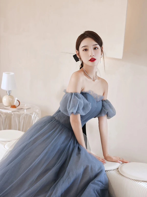 Schöne Blau Ballkleider 2021 A Linie Off Shoulder Geschwollenes Kurze Ärmel Rückenfreies Sweep / Pinsel Zug Festliche Kleider