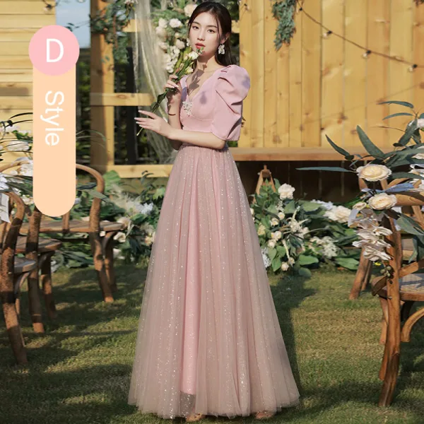 Chic / Belle Rose Bonbon Perle Robe Demoiselle D'honneur 2021 Princesse Manches Courtes Dos Nu Paillettes Longue Robe Pour Mariage