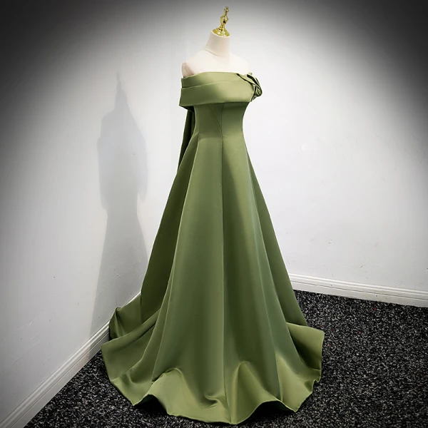 Modest / Simple Clover Green Satin Prom Dresses 2021 A-Line / Princess Off-The-Shoulder Short Sleeve Backless Sweep Train Prom Formal Dresses